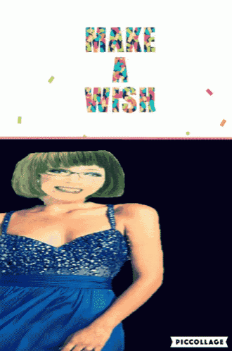 a picture of a woman in a blue dress with the words make a wish