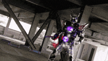 a man in a purple and black costume with a red g on his chest stands under a bridge