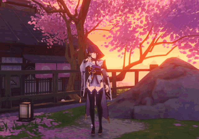 a girl in a kimono is standing in front of a cherry blossom tree