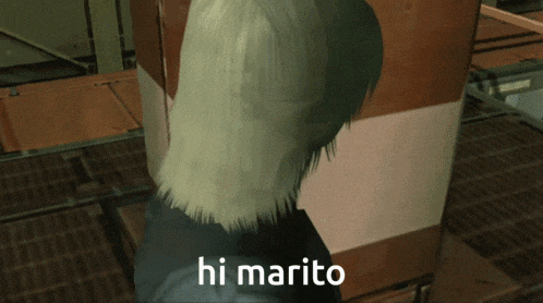 a video game character says hi marito while standing in a room