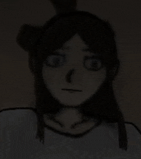 a drawing of a girl with long hair and a ponytail in a dark room .