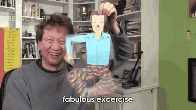 a man is holding up a paper doll with the words fabulous excercise below him