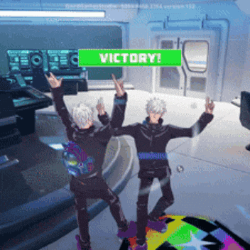 two people are standing in front of a sign that says " victory "