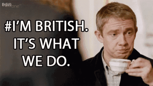 a man drinking a cup of coffee with the words # i 'm british it 's what we do