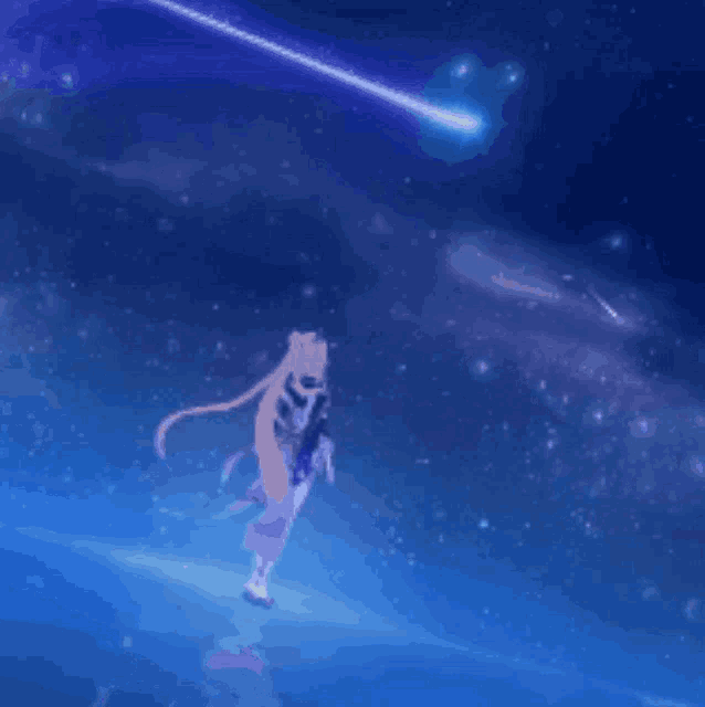 a cartoon character is flying through a starry night sky with a shooting star in the background .