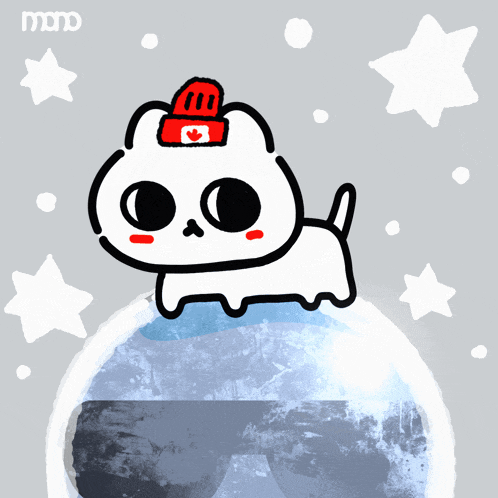 a drawing of a cat wearing a red hat with the canadian flag on it