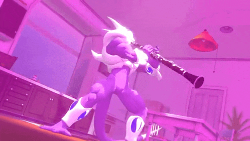 a cartoon character is standing in a kitchen with a purple background