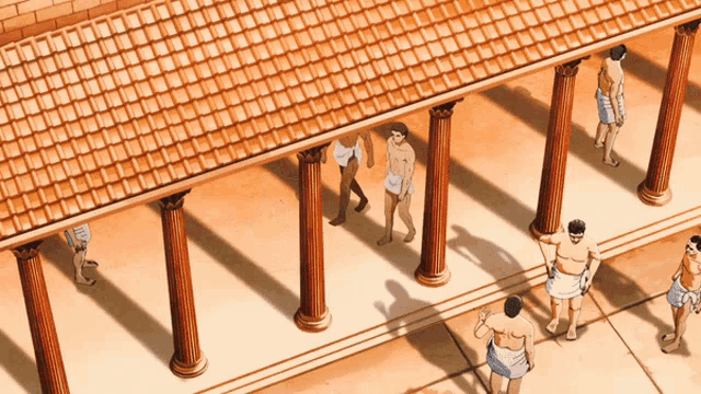 a group of men are standing under a roof