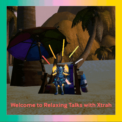 a welcome to relaxing talks with xtrah poster with a video game character on the beach