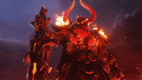 a demon with horns holding a sword and a shield