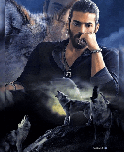 a man with a beard is surrounded by wolves and the words caniblackart are on the bottom