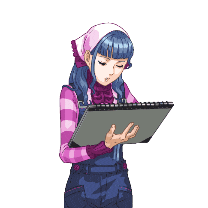 a pixel art drawing of a girl holding a notebook with the letter i on it
