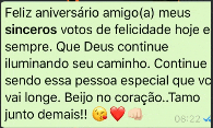 a screenshot of a text message that says feliz aniversario amigo