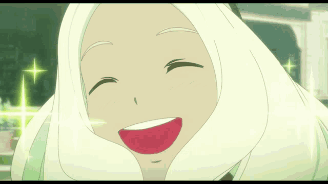 a girl with white hair is smiling with her eyes closed and her mouth open