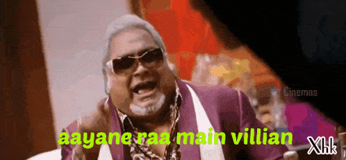 a man wearing sunglasses and a purple suit says aayan raa main villian