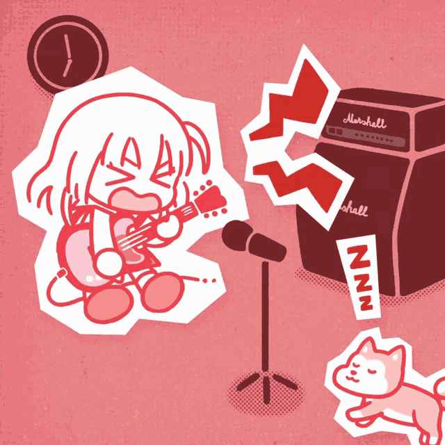 a cartoon of a girl playing a guitar next to a marshall amp