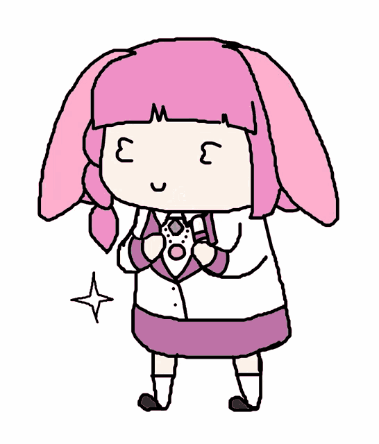 a cartoon drawing of a girl with pink hair holding a video game controller