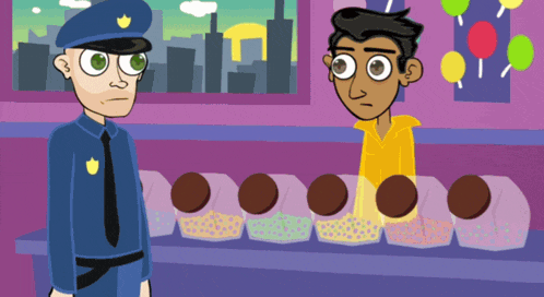 a cartoon of a police officer and a boy in front of a candy display