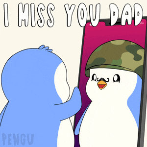 a cartoon of two penguins looking at each other with the words " i miss you dad " on the bottom