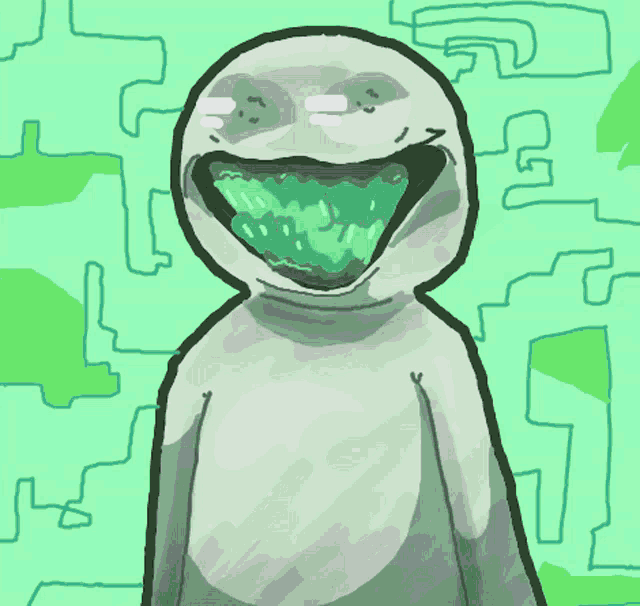a drawing of a person with a green mouth and eyes
