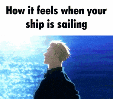 a man is standing in front of a body of water with the words how it feels when your ship is sailing above him