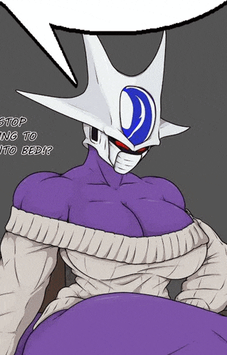 a cartoon of a purple and white robot with a speech bubble that says `` stop going to bed ! ''