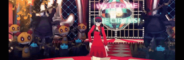 a girl in a red dress is standing in front of a welcome sign
