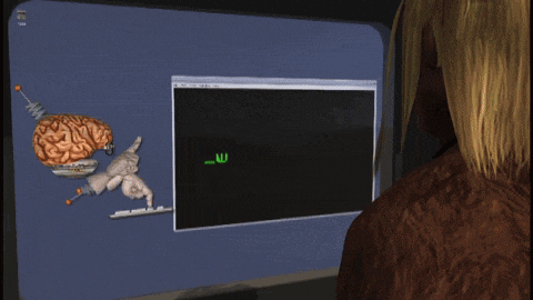 a computer screen shows a robotic hand pointing at a brain and the letter w