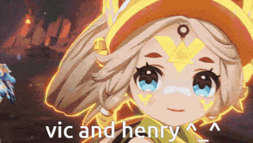 a picture of a girl with the words vic and henry written below her