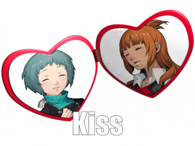 a picture of two girls in hearts with the word kiss on the bottom