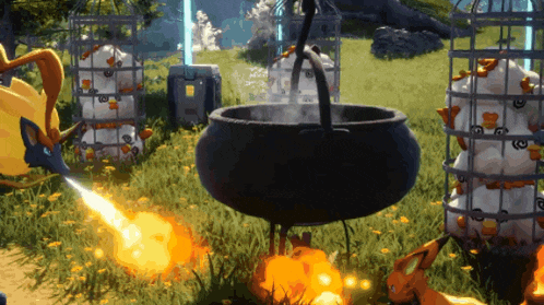 a video game scene with a cauldron and chickens