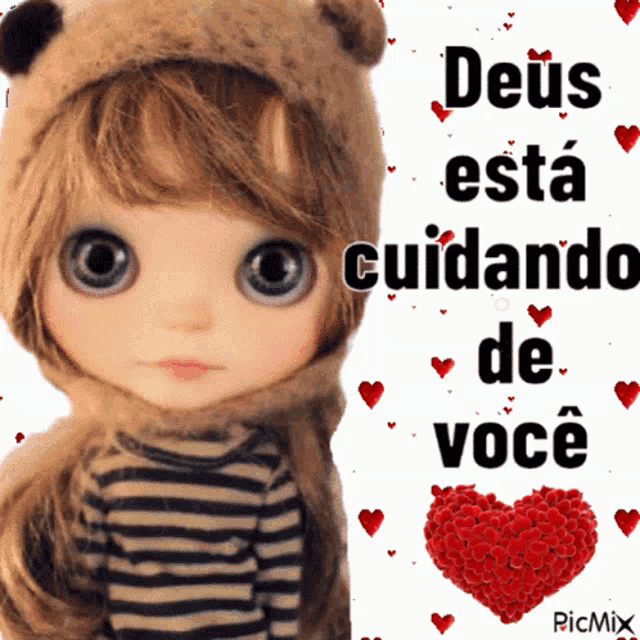 a picture of a doll with the words deus está cuidando de voce