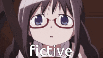 a close up of a girl wearing glasses with the word fictive above her