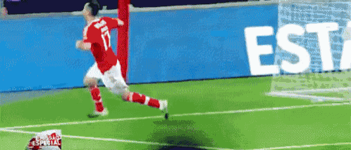 a soccer player with the number 17 on his jersey is running towards the goal