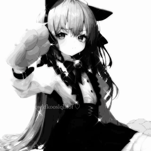 a black and white drawing of a girl with a cat ear on her head