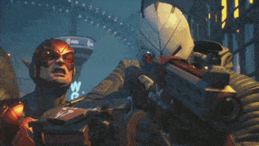 a man holding a gun next to another man in a video game