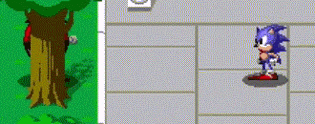 a pixel art of sonic the hedgehog running on a sidewalk next to a tree .