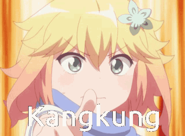 a girl with a flower in her hair has the word kangkung written in white