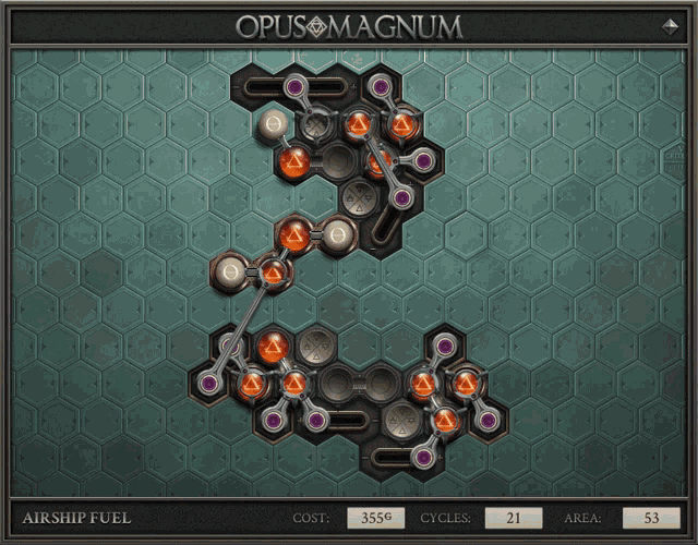 a computer screen shows a game called opus magnum with a cost of 3550 cycles and an area of 53