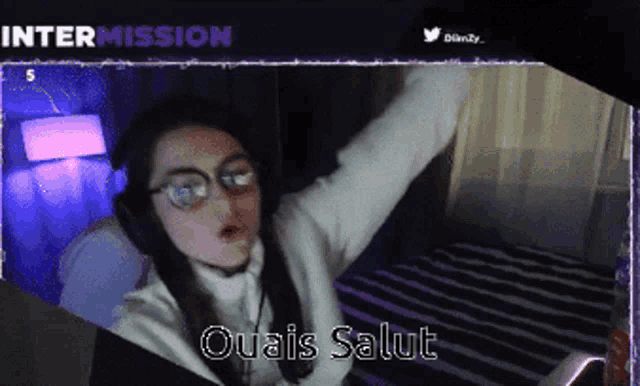 a girl with glasses and headphones says ouais salut in a purple frame