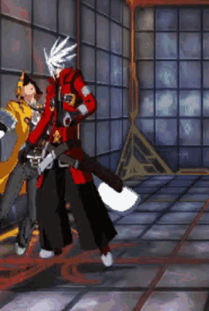 a cartoon of a man in a red jacket holding a gun