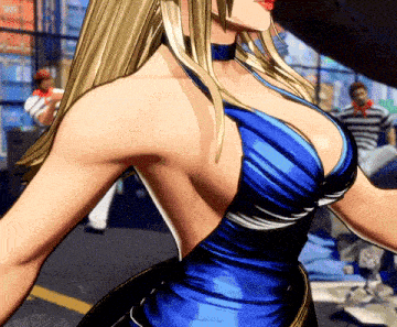 a woman in a blue dress is standing in front of a man in a striped shirt