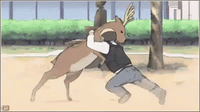 a cartoon of a man being attacked by a deer with antlers .