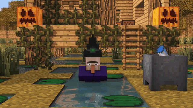 a witch is swimming in a pond in minecraft