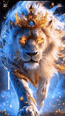 a lion with a crown on its head is walking through the air .