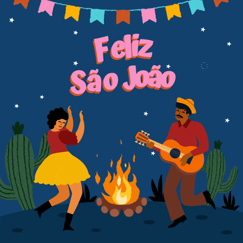 a man playing a guitar and a woman dancing in front of a fire with feliz sao joao written in pink