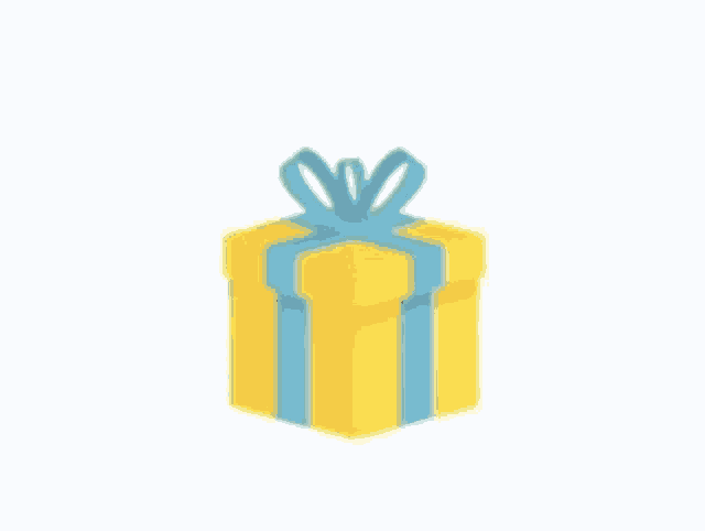 a yellow gift box with a blue ribbon and bow