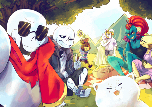 a group of cartoon characters are gathered in a park with a cat