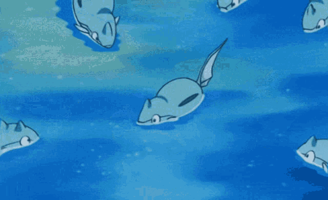 a group of cartoon animals are swimming in a circle and one has a red ball on its nose