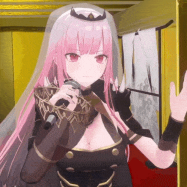 a girl with pink hair is holding a microphone and wearing a veil